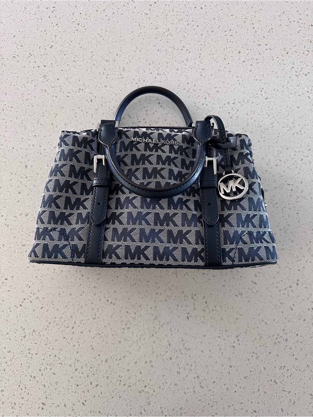 Michael Kors Navy MK Logo Satchel with Silver MK Charm
